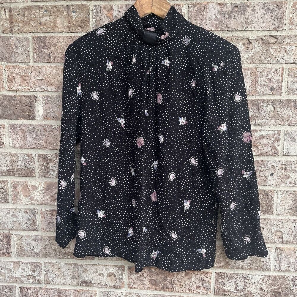 Vintage Brentwood Black Polka Dot Floral Rayon Blouse Mock Neck Size 11/12 Boho